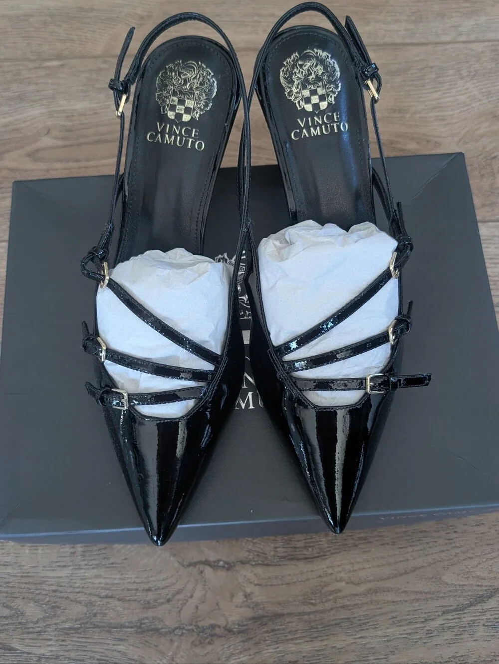 Vince Camuto Black Patent Pointed Slingback Pumps with Sculpted Block Heel